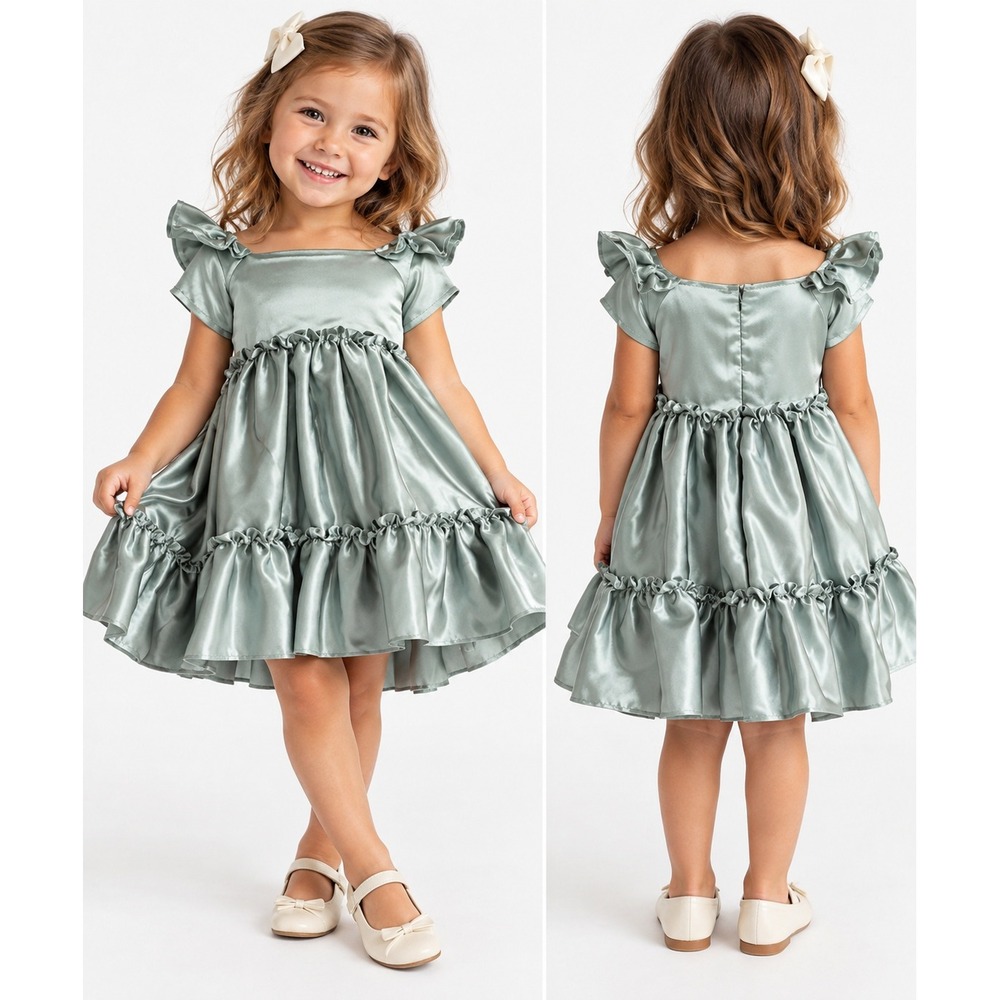 Joyfolie Rory Dress Seaglass Metallic Satin Ruffle Toddler Girl Size 3 NWT $58